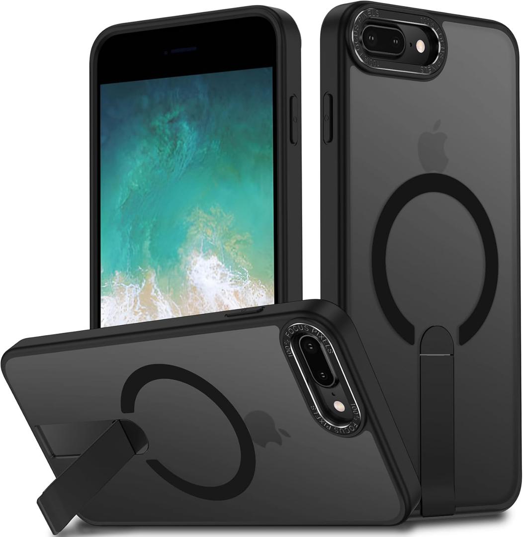 for iPhone 8 Plus Case, for iPhone 7 Plus Case, Built-in Kickstand Magnetic [Compatible with Magsafe] Translucent Protective Shockproof Phone Cover for iPhone 8 Plus/7 Plus 5.5 inch (Black)