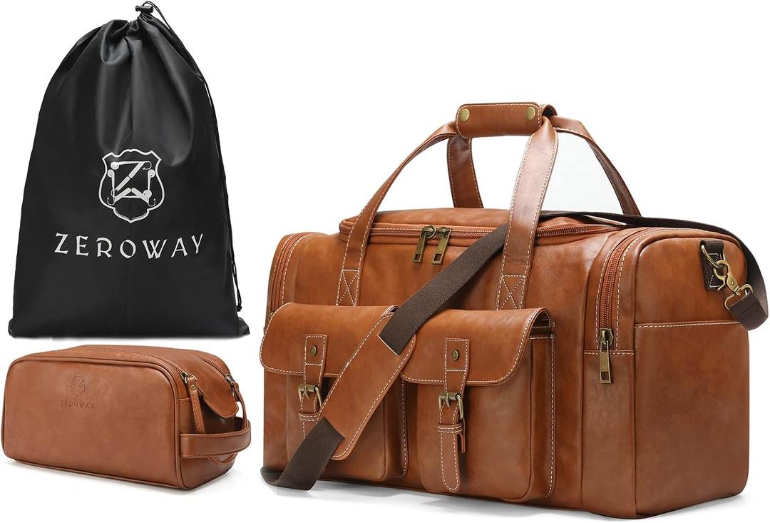 Zeroway PU Leather Travel Duffel Bag with Toiletry Dopp Kit and Laundry Bag, Weekender Overnight bag Luggage Carry-On Bag with Shoe Pouch for Men or Women Brown (21.65"L x 9.84"W x 11.8"H)