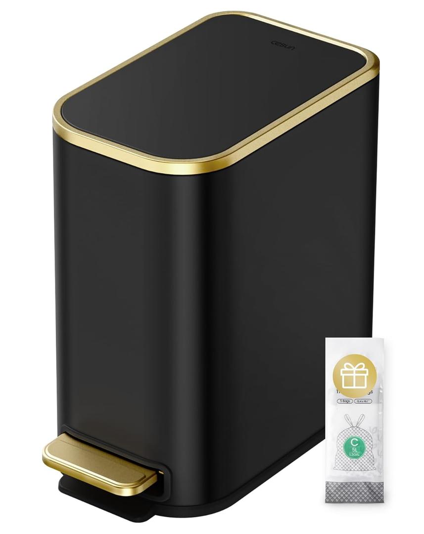 Cesun Small Bathroom Trash Can with Lid Soft Close, 5 Liter/1.3 Gallon Stainless Steel Garbage Can with Removable Inner Bucket, Step Pedal, Slim Waste Basket for Toilet, Office, Bedroom (Black & Gold)