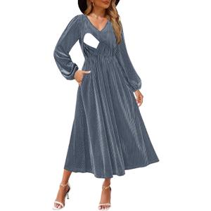 CzzzyL Women's Latched Mama Nursing Long Sleeve V Neck Velvet Maxi Dress Bridesmaid Wedding Guest Formal Dresses with Pockets(Greyblue, Small)