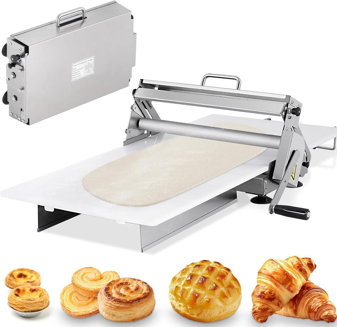 Folding Dough Sheeter 15.5in manual dough roller machine Stainless Steel for Bakeries Pastries with 2 Sheeter Board & Thickness Adjustable 2.5-25MM (15.5")