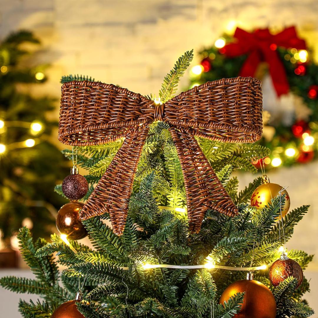 Rustic Christmas Tree Topper 11.4'' Rattan Bow Farmhouse Christmas Decor Retro Natural Xmas Tree Topper Bow for Xmas Winter Holiday Party Decoration Wall Fireplace Indoor Outdoor Ornaments