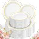 WDF 100PCS White and Gold Plastic Plates - Gold Disposable Plates - Include 50 Dinner & 50 Dessert Plate for Party - Heavy Duty Fancy Plastic Plate for Wedding/Bridal shower/Mother's Day