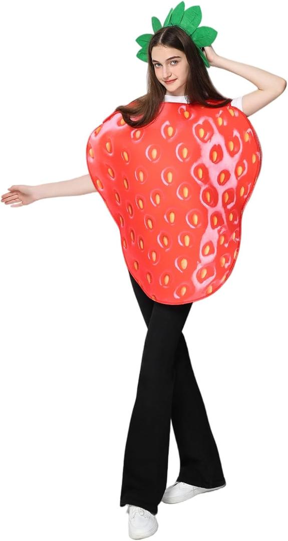 EraSpooky Adult Strawberry Costume Fruit Costume Halloween Funny Set with Green Leaf Accessory