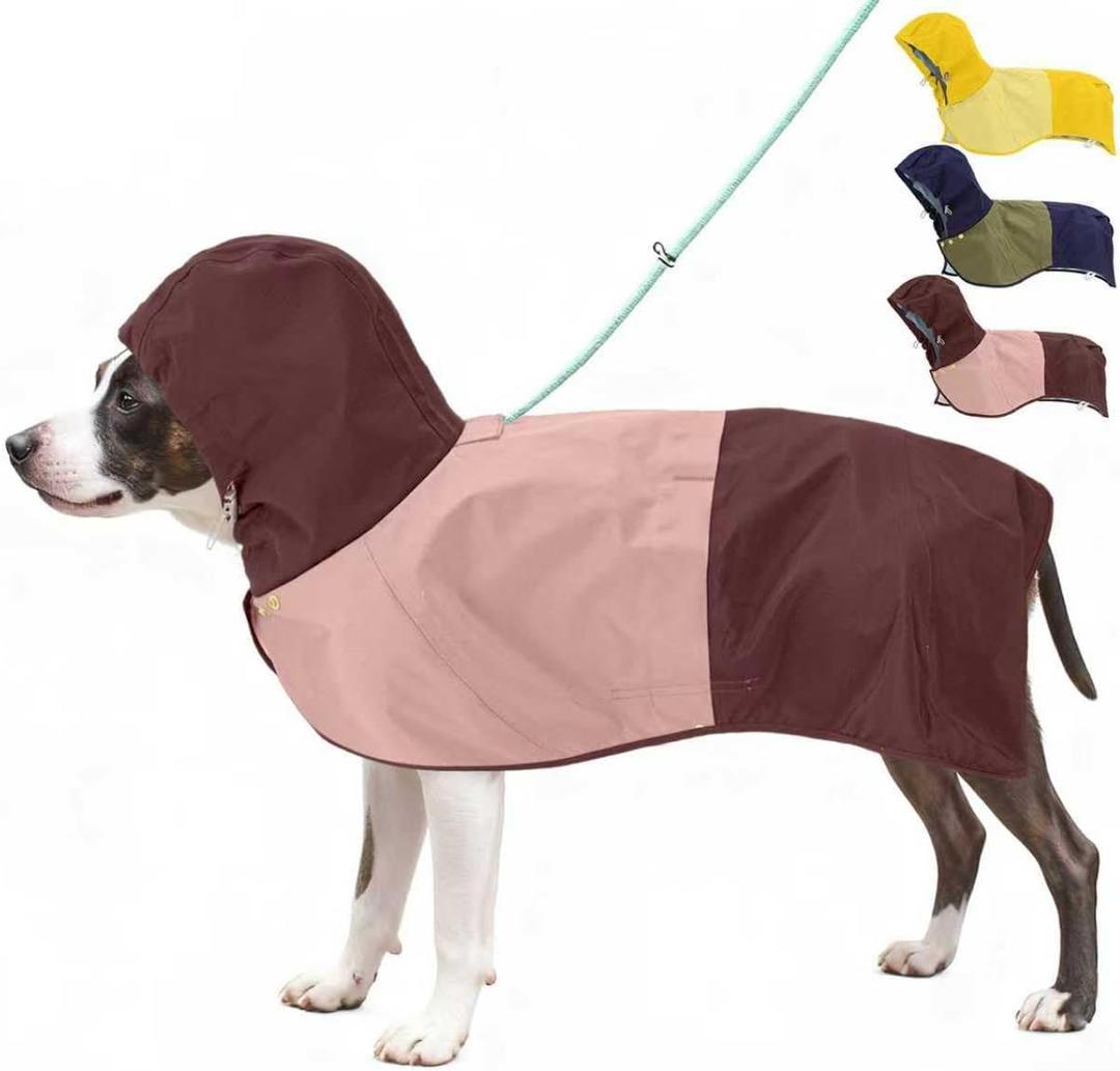 Waterproof Dog Raincoat with Hood, Extended Coverage Rain Jacket for Large Dogs, Wind-Resistant Secure Fit with Leg Straps, Reflective, Leash Hole, Easy Hook & Loop Fastener On/Off, Pink, XL