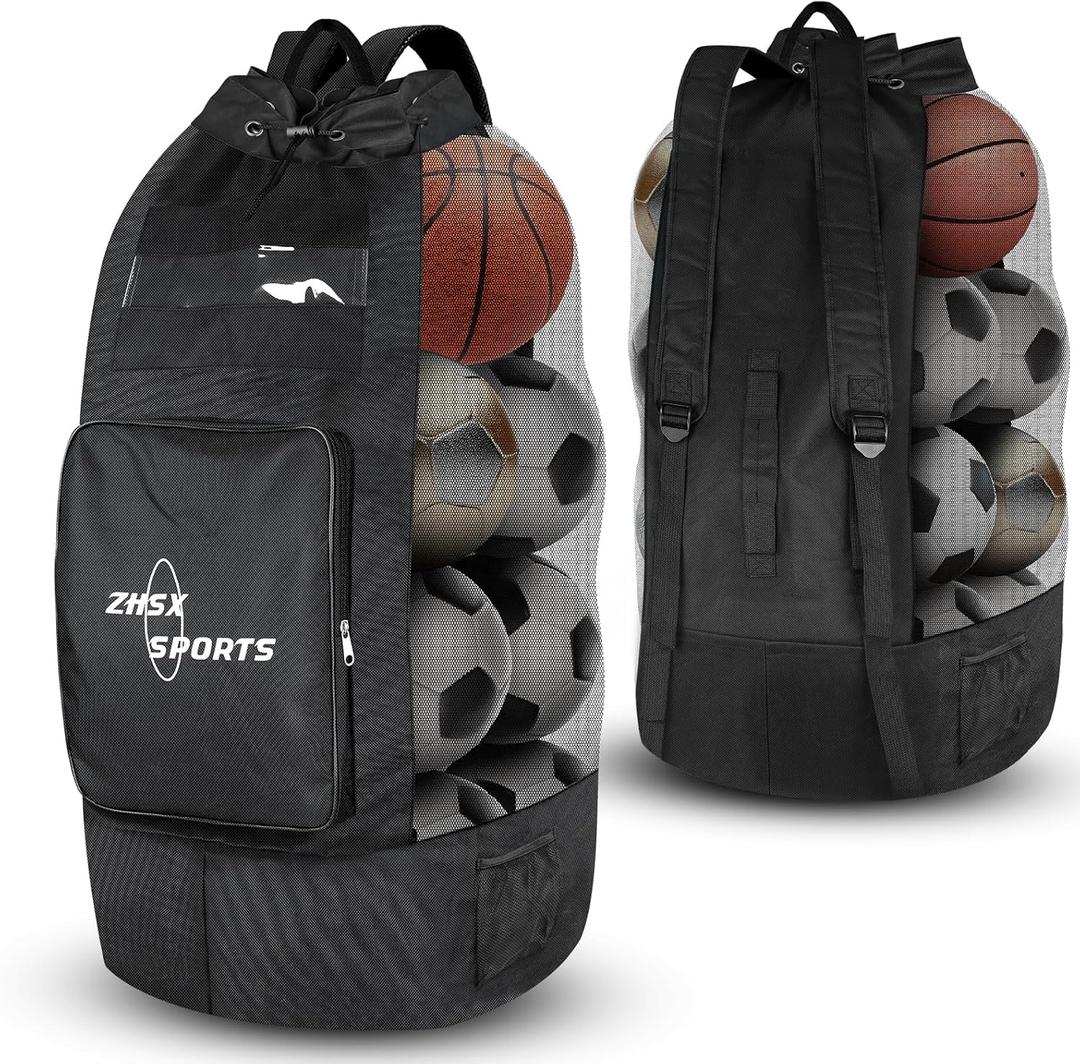 Soccer Ball Bag, Large Mesh Ball Bag Sports Equipment Net Bag with Drawstring Closure Shoulder Strap and Oversized Front Pocket Storage Basketball, Volleyball, Football Accessories