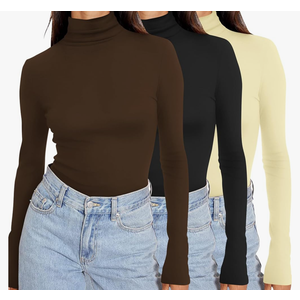 Ekouaer Women's 2 Pack Turtleneck Long Sleeve Shirts Slim Fit Thermal Underwear Tops Lightweight Pullover Tees M