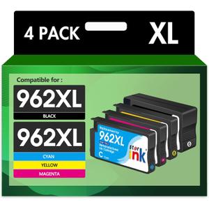 Remanufactured 962XL Ink Replacement for HP 962XL Ink Cartridges Combo Pack for HP Ink 962XL Black and 962 Color Combo Pack Use with Officejet Pro 9010 Ink Cartridges 9015 9020 9025 9018 Printers (962XL black/cyan/magenta/yellow)