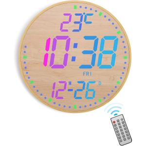 12" Large Digital Wall Mount Clock, Count Down Timer, Alarm, Big LED, 12 RGB Color, Temperature for Living Room Classroom Desk (Bamboo Elements)