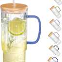 32oz Ribbed Glass Cup with Handle Bamboo Lid and Straw, Glass Tumbler, Iced Coffee Cups Hot/Cold Drinks (Azure Handle)