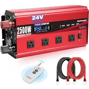 2500W Power Inverter 24V to 110V/120V DC to AC with LCD Display, Remote Controller 4 x AC Outlets and 4 x 3.1A USB Car Adapter for Car Truck Boat RV Solar System (Red)