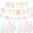 Foilswirl 26 Pcs Pastel Birthday Party Hats for Kids Include Pastel Happy Birthday Signs Banner Pennant Flags Macaron Party Hats Decorations Pre Assembled for Kids Adults Girl Women