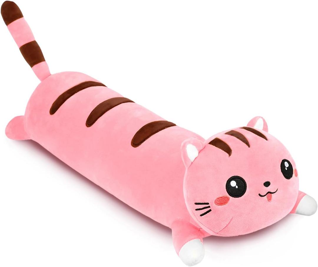 AFAN Long Cat Plush Cute Cat Body Pillows Kawaii Stuffed Animals Plushies Soft Cuddly Cotton Plush Toys Room Decor Gifts for Kids Girls Boys Adults (Pink, 19.6 Inch) 