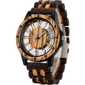 Brown Deep Black Ebony Zebra Wooden Quartz Men's Watch,Foldover Clasp Wood Strap Wooden Watches for Men
