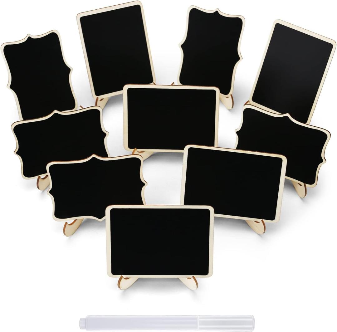 12 Pcs Mini Chalkboard Signs, Small Chalkboard Labels with Easel Stand, Wooden Blackboard for Table Numbers, Food Signs, Wedding Signs, Place Cards and Event Decoration, with 1 Liquid Chalk