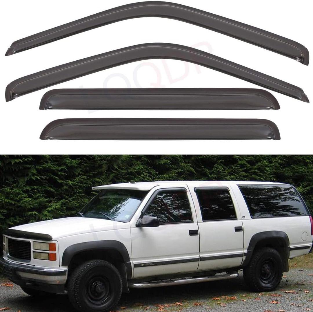 Set of 4 Front+Rear Smoke Sun/Rain Guard Outside Mount Tape-On Acrylic Window Visors Compatible with 92-00 C/K Crew Cab 92-99 Suburban 95-99 Tahoe/Yukon 4-Door 00 5.7L V8 99-00 Escalade