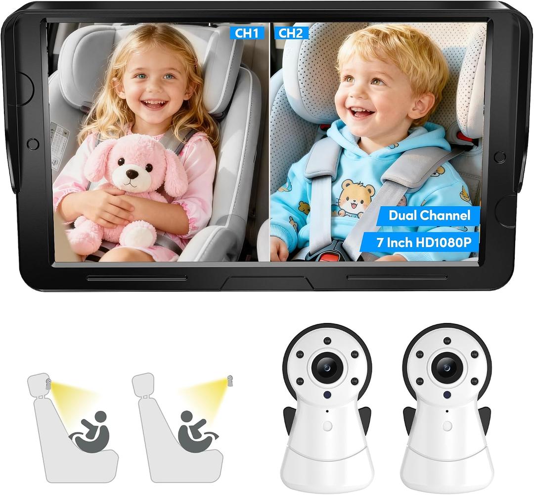 2-Kids Baby Car Camera Dual Monitor 7 Inch Display with Two Rear Facing Car Seat Cameras, 1080P HD Night Vision IR-CUT, USB Powered Plug and Play Backseat Baby Monitor for Infant & Toddler Safety
