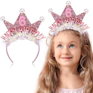 Zeyune 6th Birthday Crown Headband for Girls, Princess Tiara Glitter Pearl Hair Band, Happy Birthday Decorations and Gifts Hair Accessories for 6 Year Old Party