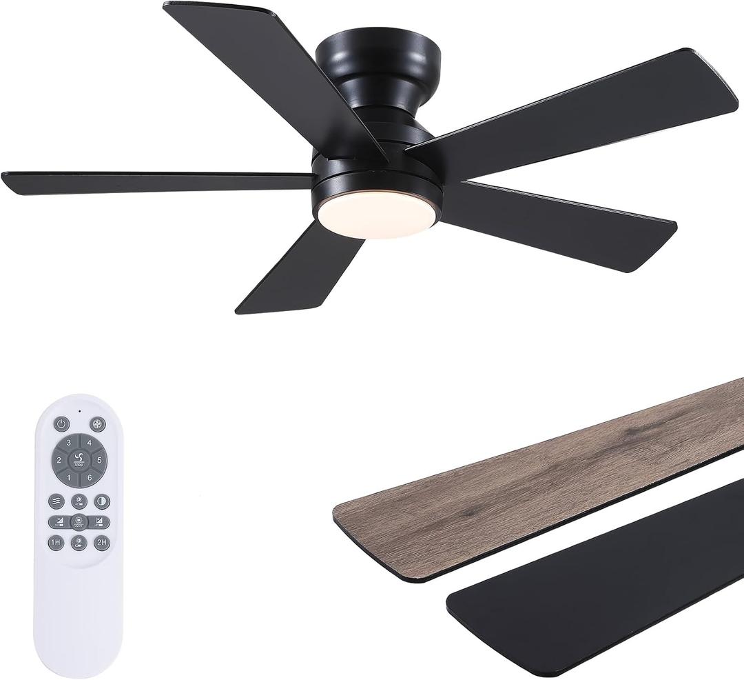 Black Ceiling Fans with Lights - 46" Flush Mount Ceiling Fan with Remote and 5 Reversible Blades, 3CCT Dimmable, 6 Wind Speeds&2H Timer, Indoor Low Profile Fan Light Fixture for Modern Bedroom