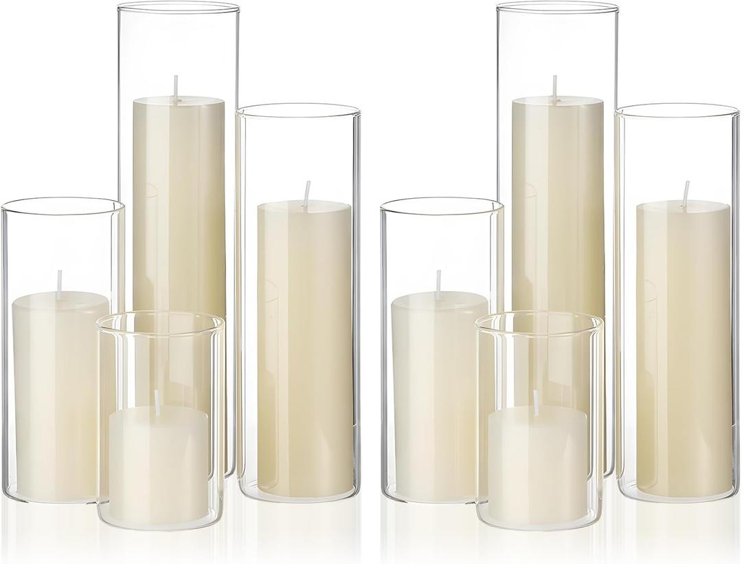 Shihanee Set of 8 Ivory Pillar Candles and Glass Cylinder Vases 4 Sizes Clear Cylinder Holders for Pillar Candles Home Table Centerpieces Decoration