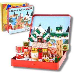 Hqyib Mini Magnetic Blocks - 49 PCS Christmas Magnetic Building Block Travel Toys, Portable Iron Box STEM Educational Magnet Toys for Kids Ages 3-8 Years Old Boys & Girls