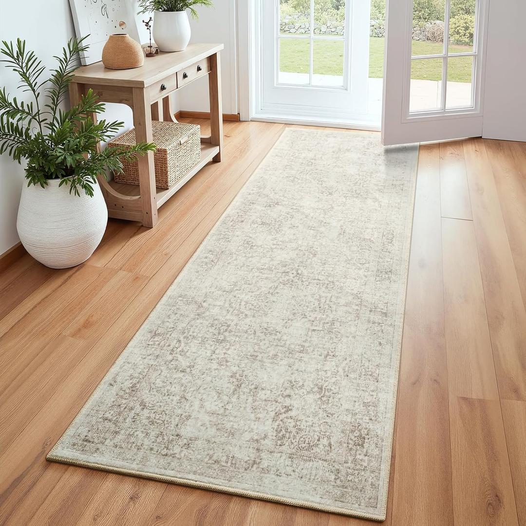 2x6 Washable Runner Rug, Non-Slip Hallway Runner Rugs, Low Pile Vintage Area Rug for Kitchen Hallway Entryway Bathroom Bedroom Carpet, Beige