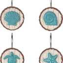 Sunlit Ocean Decorative Shower Curtain Hooks, Sea Turtle Spiral Shell Starfish Conch Shower Curtain Rings, Resin, Nautical Farmhouse Bathroom Decoration Beach Shower Curtain Hooks-12 Pack, Teal Blue