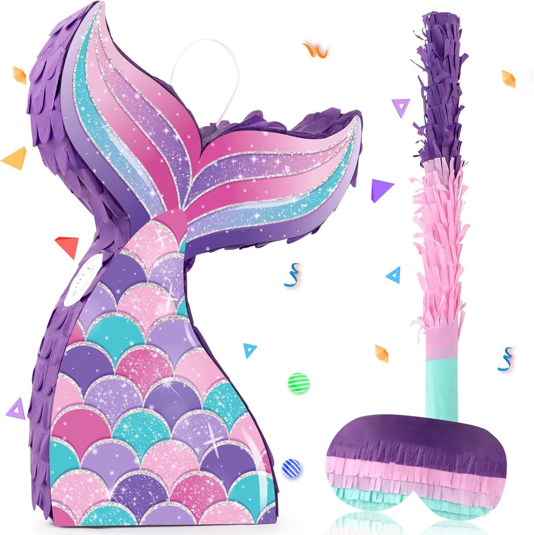 Mermaid Pinata Mermaid Tail Pinata with Blindfold Stick Mermaid Birthday Game Decorations for Girls Birthday Party Supplies(15.3" x 9.92" x 3.14")