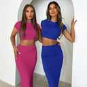 Women 2 Piece Bodycon Maxi Skirt Set & Crop Top Summer Outfits Rose XL (Pink)