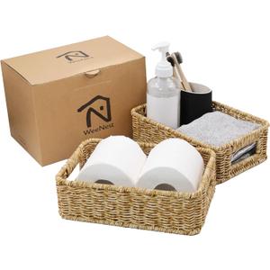 Baskets for Organizing, Small Wicker, Storage Bins for Bathroom and Toilet Paper Rolls, Hand Woven Tank Topper with Handle, Set of 2, Oat Milk