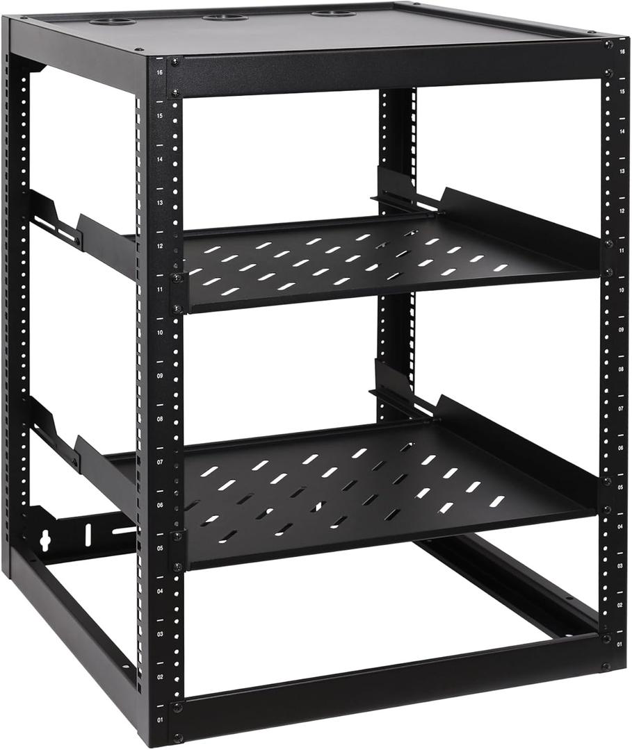 RackPath 16U Open Frame Network Rack with 2X 14in Vented 1U Shelves Rear Support, Wall Mount/Floor Standing Network Cabinet, Heavy Duty 150 lbs Capacity for IT & AV Gear, Audio and Video Device