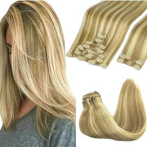 GOO GOO Clip in Hair Extensions Real Human Hair, Remy Human Hair Extensions Clip ins for Women, Natural Human Hair, 24inch 150g 9Pcs, #16/22 Light Blonde Highlighted Golden Blonde