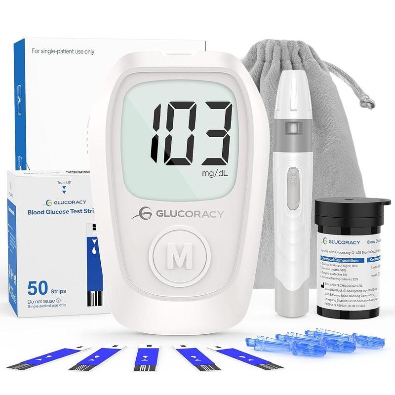 Glucoracy G-425 Blood Glucose Monitor Kit, Blood Sugar Test Kit with Lancing Device, 50 Test Strips and 50 Lancets, Glucose Meter for Home Use, Diabetes Home Testing Kit, (Test strips Expire: 04/05/27,  Glucose Monitor: Expire on 02/17/30)