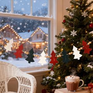 2 x Merry Christmas Banner, 6.5ft Farmhouse Xmas Tree Wooden Beads Christmas Decor (White and Red)