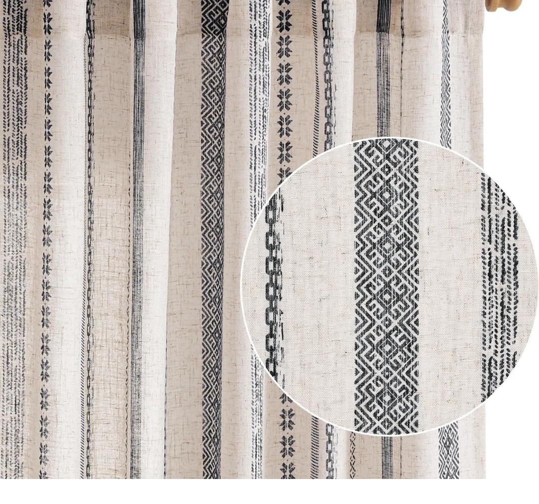 Linen Blend Boho Curtains for Living Room,3 ft Long Black Printed on Beige Retro Farmhouse Bohemian Geometric Striped Drapes, Light Filtering Back Tab Curtains 2 Panels