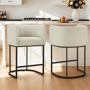 24" Counter Height Bar Stools Set of 2, Modern Barrel Counter Stools with Backrest and Arms, Fabric Upholstered Accent Barstools with Metal Legs for Kitchen Island,Sand
