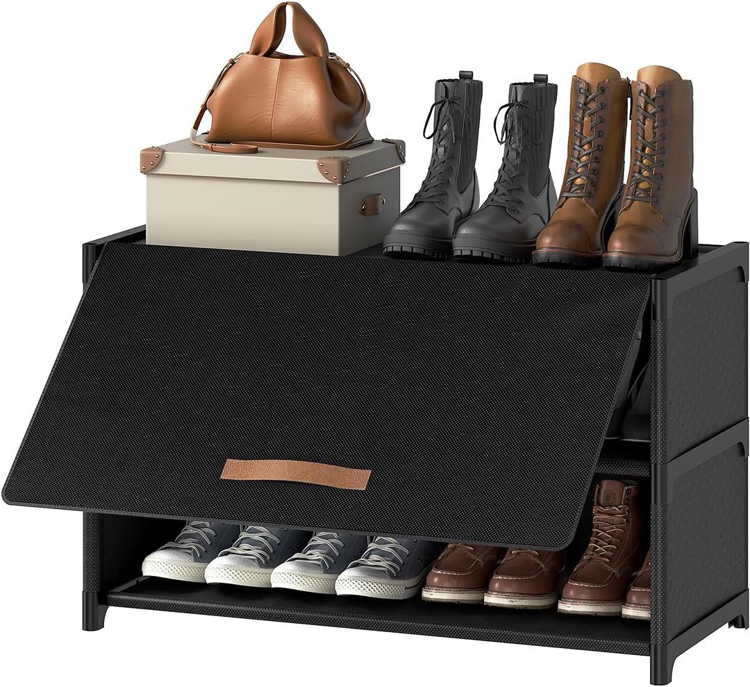 Shoe Rack, 3 Tier Shoe Storage Cabinet with Door 12 Pair Plastic Shoe Shelves Organizer for Closet, Entryway, Hallway, Bedroom, Black