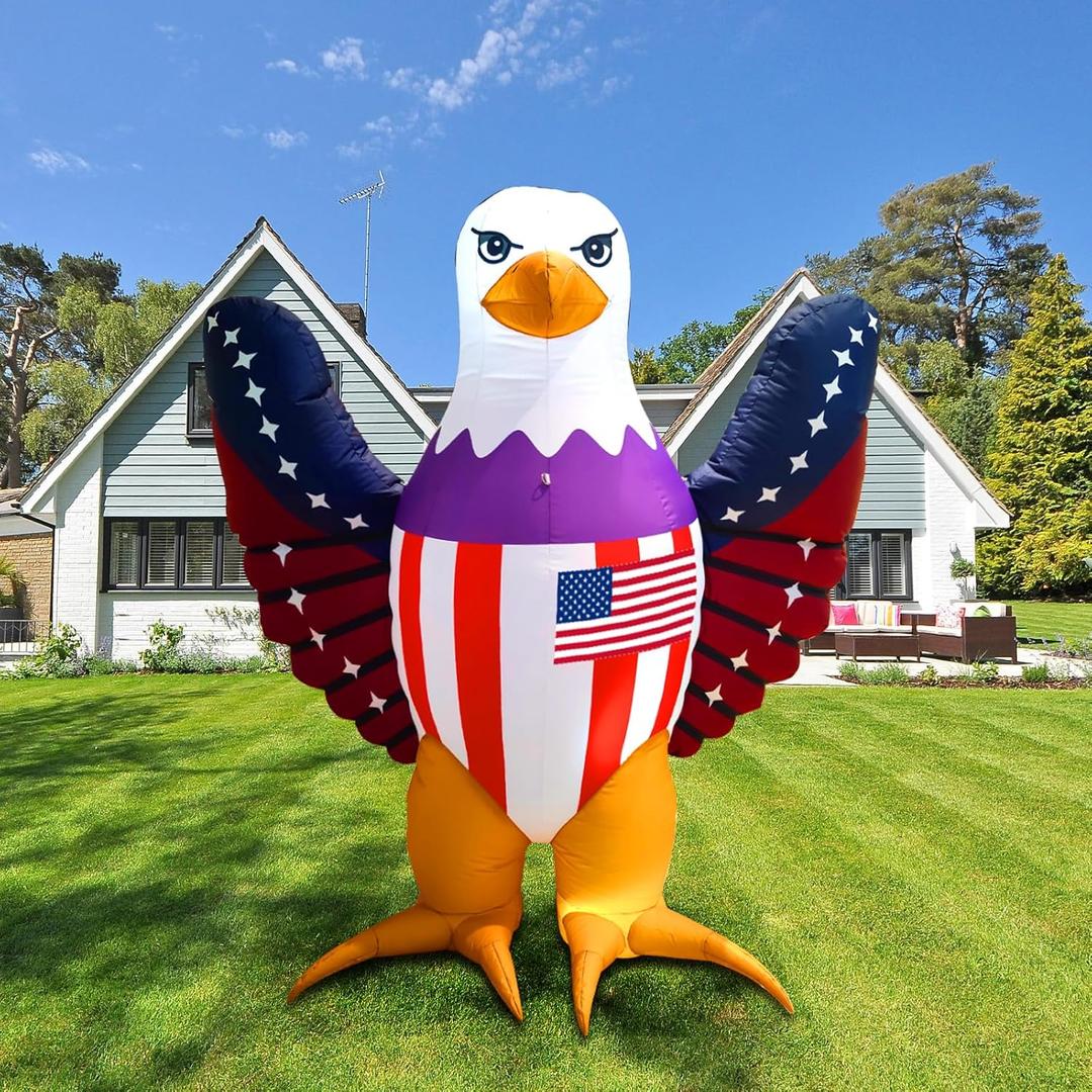 Patriotic Inflatable 6FT Bald Eagle with Flying Wings 4th of July Inflatable Yard Decorations Outdoor Holiday LED Blow up Decor for American Decorations Advertising Business Promotion