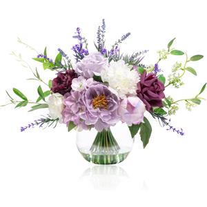 WELL KNOWN Artificial Flowers in Vase, Fake Lavender & Silk Peony Flower Bouquet Centerpieces in Glass Vase with Fake Water for Home Wedding Party Dining Table Decor & Mom's Gift (Purple Mixed Plus)