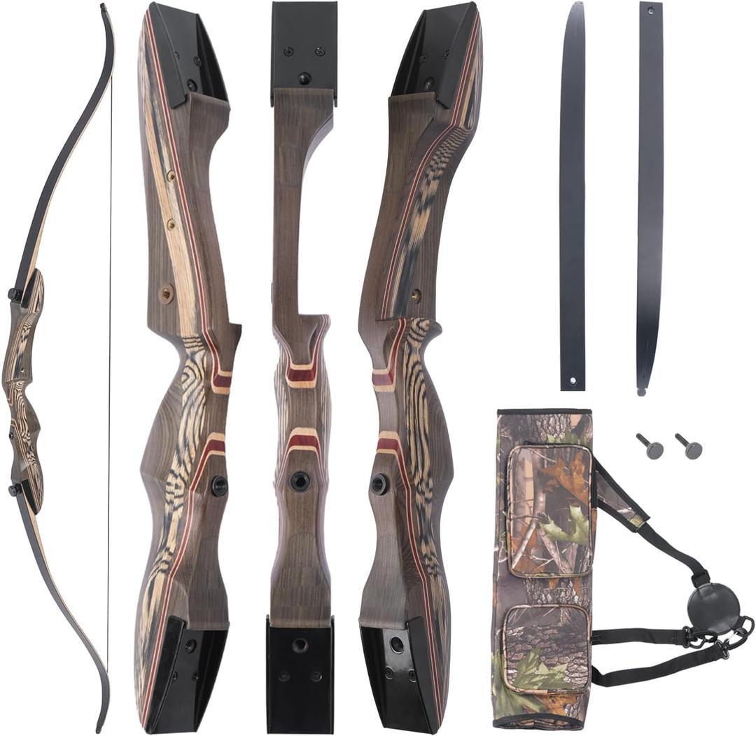 Recurved Wooden Takedown Archery Bow 62" Hunting Bow - Arrows Quiver Bag and Bow Stringer Tool Included - Right & Left-Handed 25-55 LBS Draw Weight, 35LB