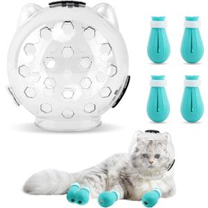 Cat Muzzle for Grooming, Adjustable Breathable Transparent Cat Astronaut Helmet with 4 Silicone Paw Shoes for Bath Nail Trimming (L)