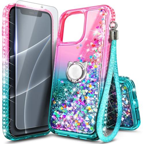 NGB Designed for iPhone 11 Phone Case, Pink/Aqua | Glitter Liquid Sparkle Cute Cover for Women Girls Kids | with Tempered Glass Screen Protector & Ring Holder & Wrist Strap