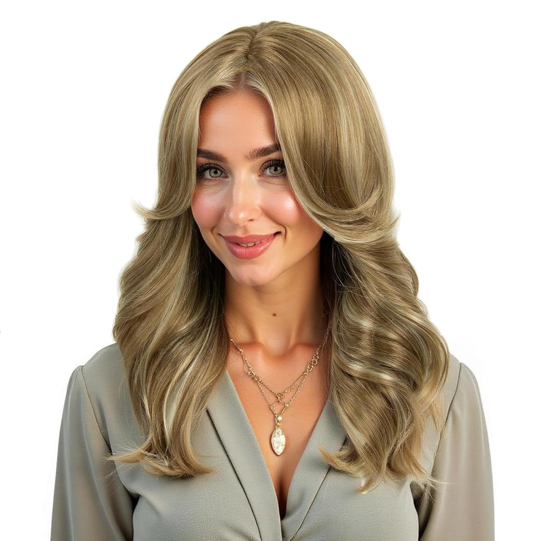 70s Brown Highlight Disco Wig Farrah Fawcett Wigs for Women Lady Natural Synthetic Full Wigs Vintage Cosplay Costume Hair Wig (Blonde Highlight)