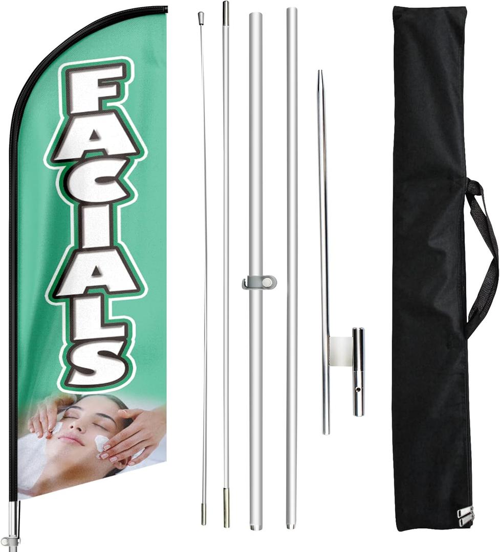 Facials Feather Flag Sign, Facials Swooper Flag Pole Kit and Ground Stake, 11 Feet Advertising Feather Banner Sign for Facials Business