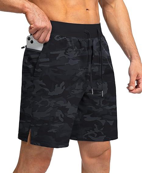Soothfeel Men's Running Shorts with Zipper Pockets 7 Inch Lightweight Quick Dry Gym Athletic Workout Shorts for Men (Grey Camo, Large)