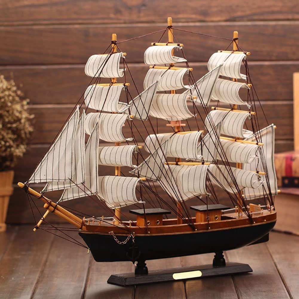 Wooden Sailboat Model 8.5" Tall Marine Coastal Sailing Ship Model Mediterranean Style Wood Handcrafted Sailing Boat Vintage Nautical Ocean Theme Sail Boat Ornaments Home Office Tabletop Decors (Stripe White)
