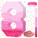 Sratte Number Piñata Pink Piñata Birthday Decorations Gradient with Stick Blindfold Confetti for Girls Boys Birthday Anniversary Party Decorations Supplies(Number 8)