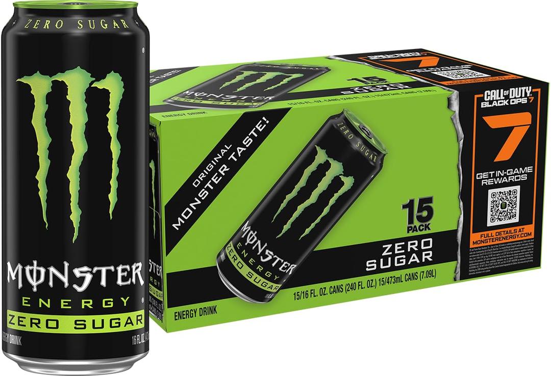 Monster Energy Zero Sugar, Green, Original, Low Calorie Energy Drink, 16 ounce (Pack of 15), Expiration Date February 25 2028 
