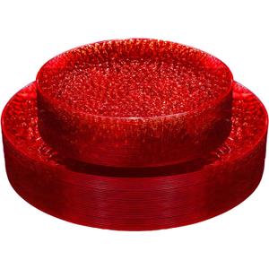 Rubtlamp 60 Pcs Red Plasitc Plates, Heavy Duty, Disposable,Clear Red Disposable Plates, Hammered Plastic plates Include 30 Dessert Platos, 30 Dinner Platos for Party