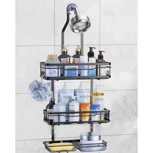 OMAIRA Shower Caddy Hanging Over the Shower Head - Rustproof Shower Organizer Hanging with Soap Scrub Holder, Non-Slip Stainless Steel Bathroom Storage Rack & Shelves, No Drilling, Black